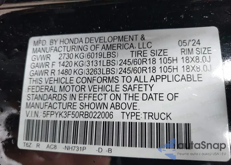 2024 Honda Ridgeline Rtl из США, поврежденный, VIN 5FPYK3F50RB022006